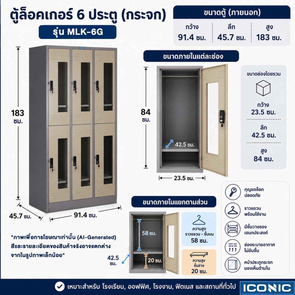 ตู้ล็อคเกอร์ 6 ช่อง กระจก, ตู้ล็อคเกอร์ 6 ช่อง มีกระจก, ตู้ล็อคเกอร์ 6 ประตู