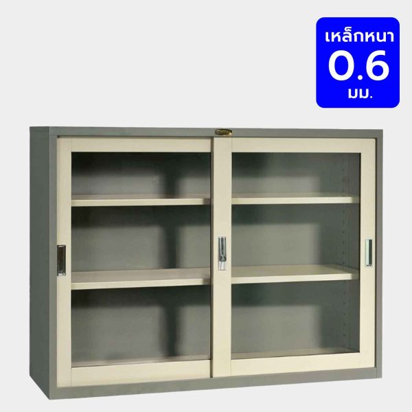 ตู้เหล็กบานเลื่อนกระจก รุ่น SLG-15P ขนาด 5 ฟุต สีเทาสลับ พร้อมชั้นวางปรับระดับได้ โครงสร้างเหล็กหนา 0.6 มม. แข็งแรง ทนทาน เหมาะสำหรับจัดเก็บเอกสารและอุปกรณ์สำนักงาน